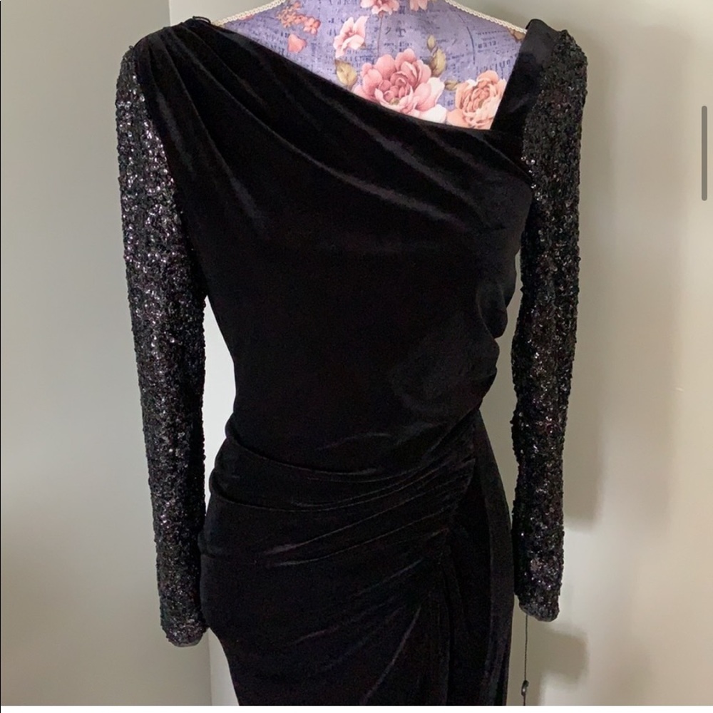 adrianna papell velvet asymmetrical gown